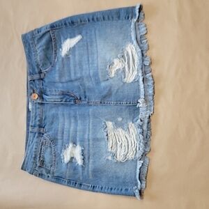 Refuge Size L Blue Denim Mini Skirt. Raw / Frayed Hem, EUC